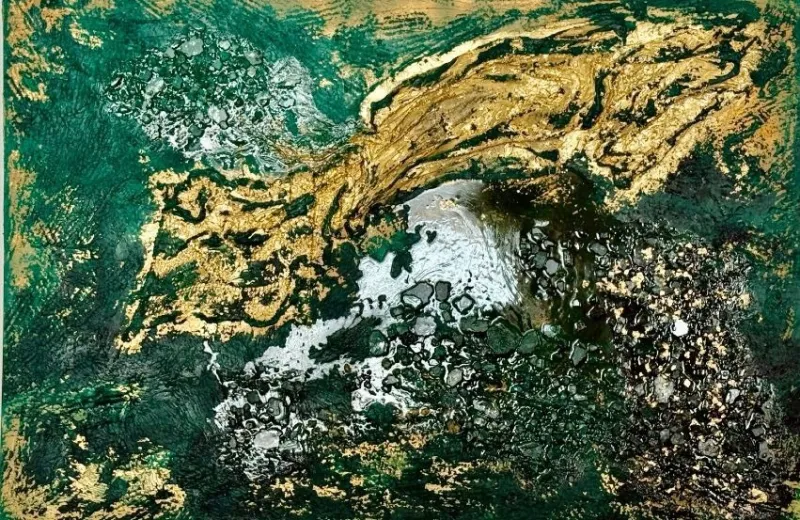 AyArts – abstrakte Impasto-Kunst von Aya (Olga Kühhas), Werk „Fantasie“ in Smaragd & Gold